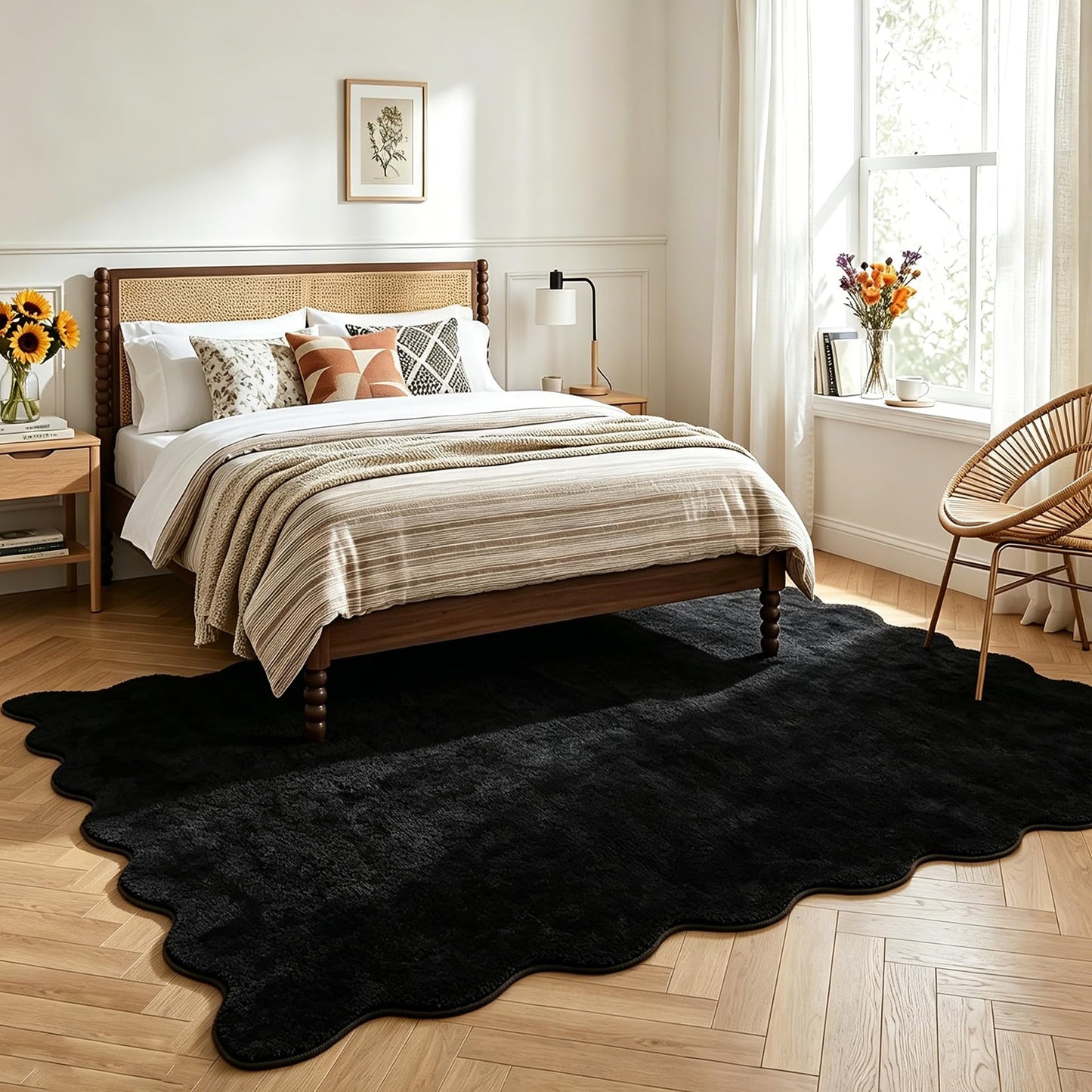 Garvee Scalloped Rug 5x7 Living Room Rug Washable Non Slip Thick Plush Indoor Carpet Ultra Soft Non-Shedding Fluffy Solid Rugs for Bedroom Playroom Nursery Kids Room Office Home Decor Black