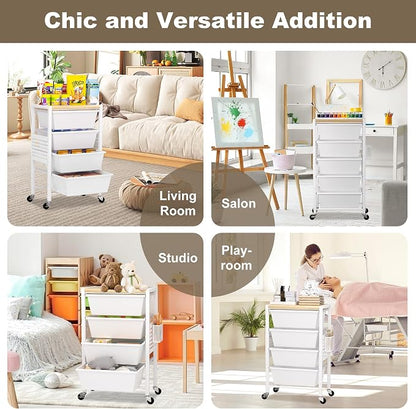 Rolling Cart with Drawers, Rolling Storage Cart with 6 Large Plastic Drawers & Wooden Tabletop, Utility Cart with Pegboards & Basket, Storage Drawers Cart for Living Room, Classroom, Bedroom, Office