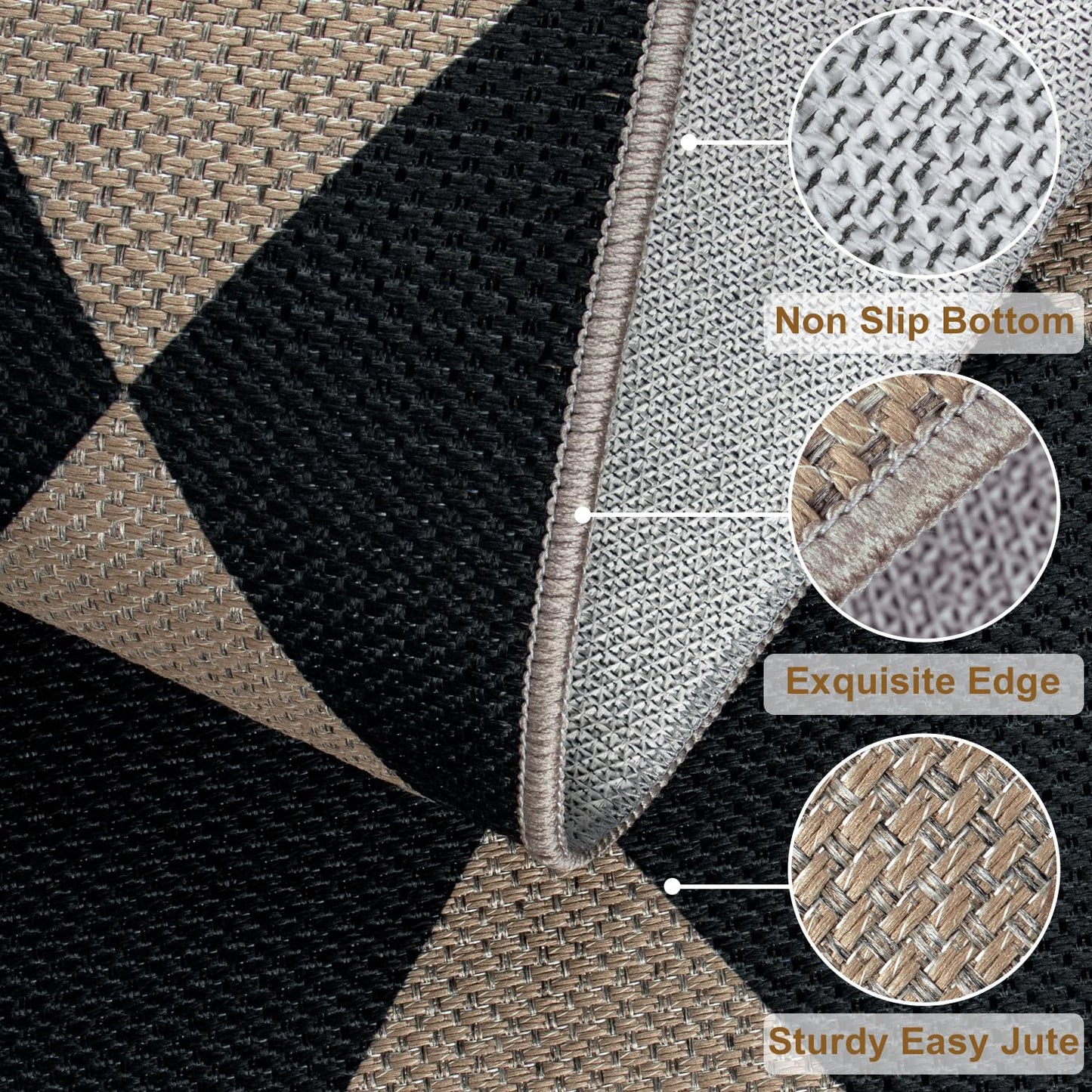 Rugalia Easy Jute Checkered Runner Rug, 2x6 Black Modern Washable Rugs Runner for Hallway Non-Slip Long Kitchen Rug, Geometric Diamond Indoor Outdoor Carpet for Porch Laundry Entryway