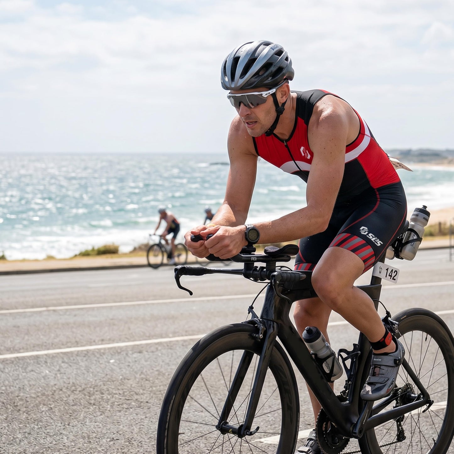 SLS3 Triathlon Suits Mens - Premium Trisuit Triathlon Men - Sleeveless, Quick Drying Tri Kit with Large Back Pocket (Red Wave, X-Large).