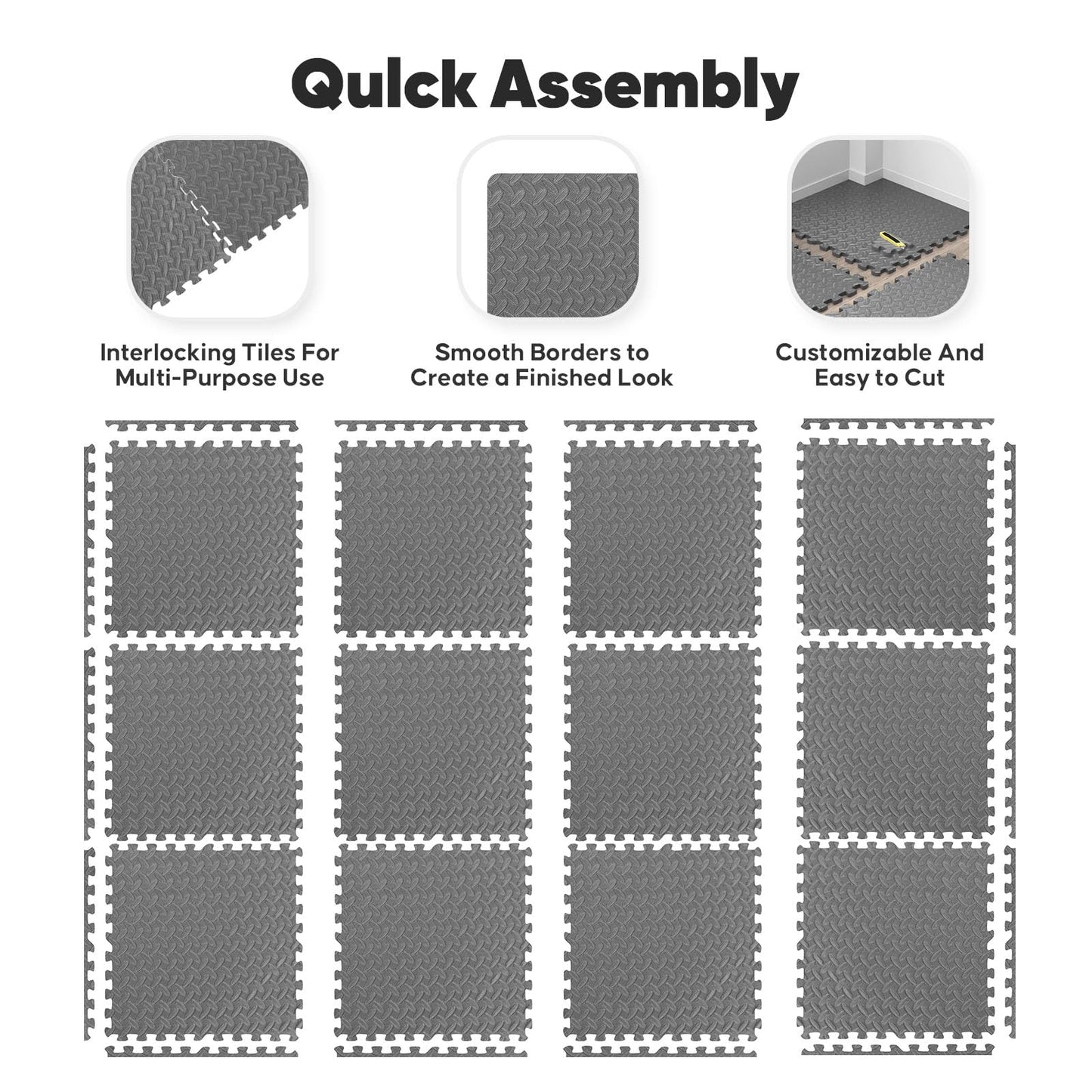 Home Gym Mat, Puzzle Exercise Mat, EVA Interlocking Foam Floor Tiles for Home Workout Equipment and Kids' Play Areas - Grey, 24 in x 24 in x ½ in - 16 Tiles (Grey, 16 Pack, 64 SQ FT)