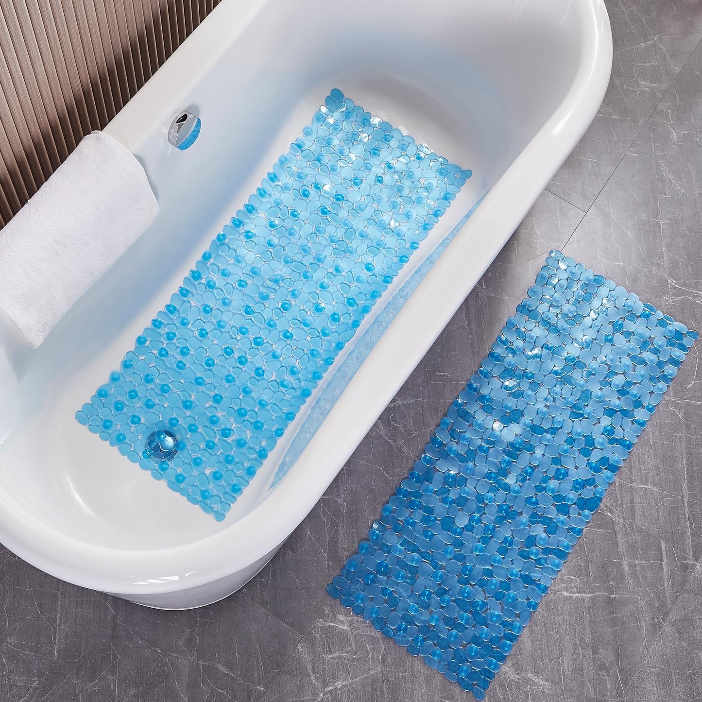 Webos Bath Shower Mat Non Slip: Extra Large Pebble Bathtub mat for Families, Anti Slip Shower Matt with Drain Holes Suction Cups Tub Mat - 16 X 40 Inch Clear Blue