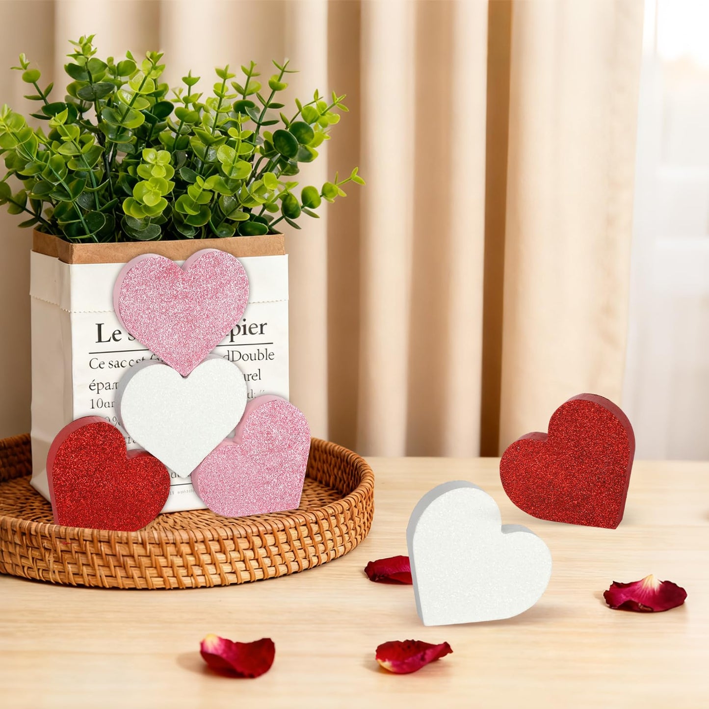 COCHIE Wooden Valentine's Day Hearts Decorations Indoor, Wood Heart Blocks Tiered Tray Decor Set of 6, Red Pink White Valentine Decoration for Home Party Office Shelf Mantle (Glitter)
