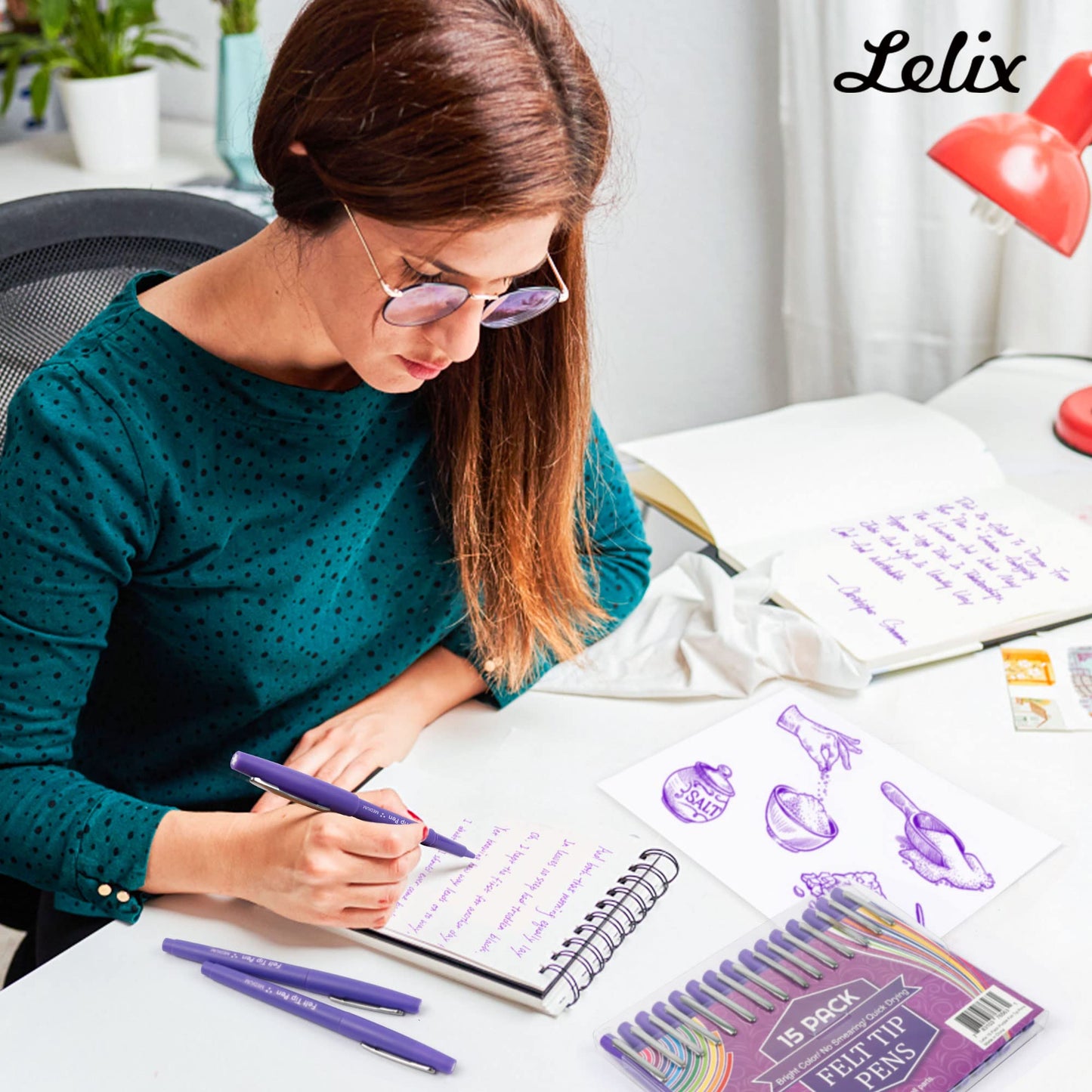 Lelix Felt Tip Pens, 60 Purple Pens, 0.7mm Medium Point, Felt Tip Markers Pens for Journaling, Writing, Note Taking, Planner, Perfect for Art Office and School Supplies