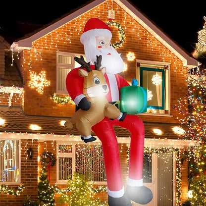 9.5 FT Christmas Inflatable Outdoor Decoration Giant Sitting Santa Claus Christmas Inflatables with LED Lights Climbing Santa Inflatable Blow Up Yard Decorations for Xmas Roof Eaves Lawn