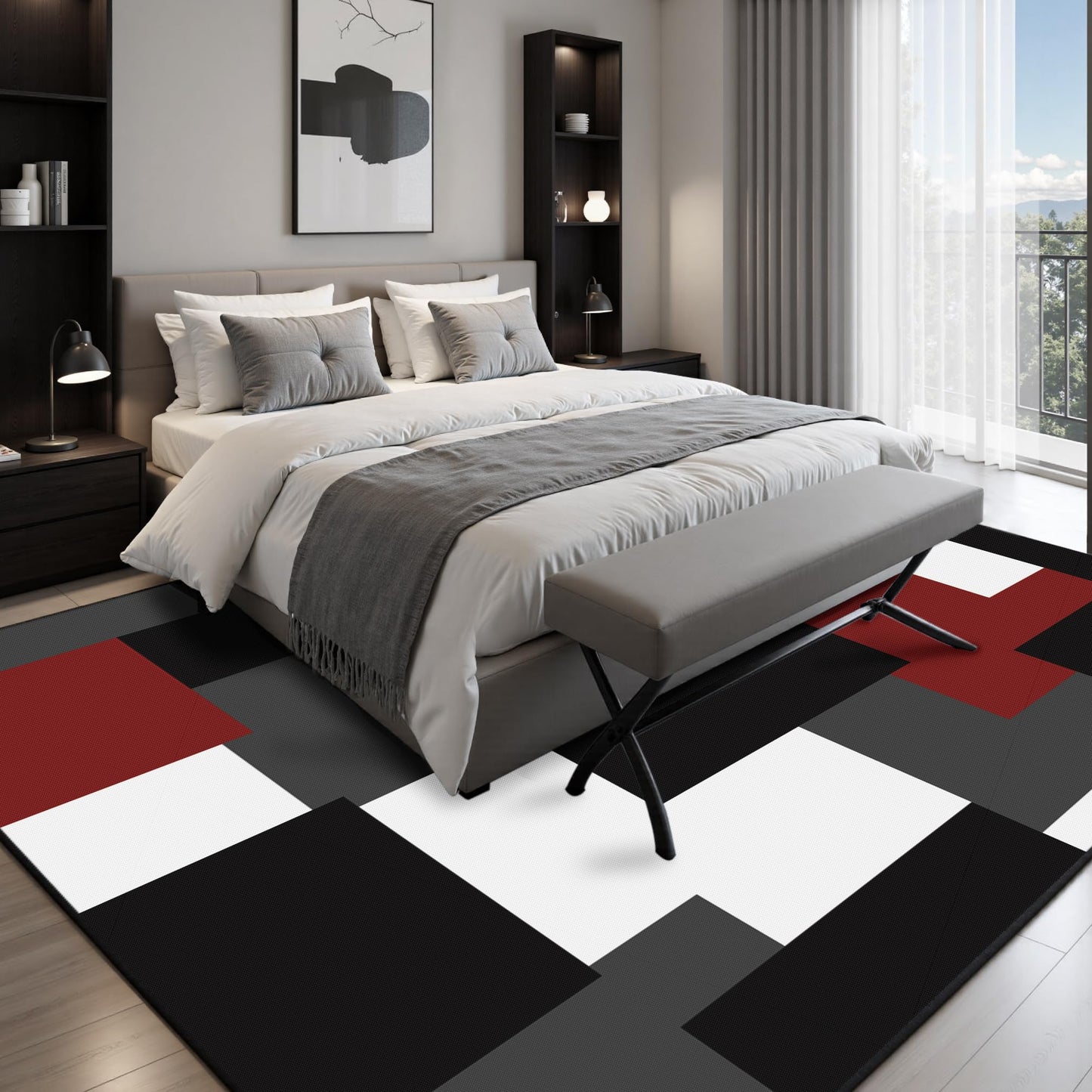 Tyrot Modern Geometric 8x10 Area Rugs for Living Room Ultra Thin Linen-Look Abstract Indoor Rug Non Slip & Non-Shedding Washable Red Grey White Rug for Bedroom, Dining Room Home Office