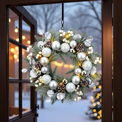 YULETIME 20-inch Christmas Wreath, Battery Operated Holiday Wreath with 20 Fairy Lights, Silvery Baubles, White Berries, Pine Cones, Silvery Leaves, Frosted Spruce Branches & Pine Needles (Silver)