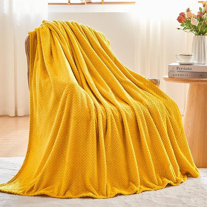 NEWCOSPLAY Super Soft King Blanket Mustard Yellow Premium Silky Flannel Fleece Leaves Pattern Lightweight Bed Blanket All Season Use (Mustard Yellow, King(90"x110"))