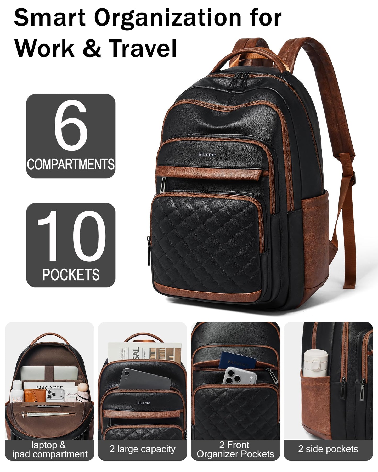 Bluome 43L Work Backpack for Women Men, Laptop Vegan Leather Backpack Purse with 15.6–17 Inch Laptop, Multi-Pocket Bookbag for Office Travel Gym Weekend Overnight Bag, Black&Brown