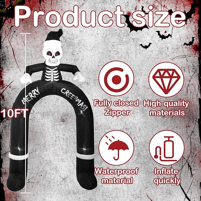 10FT Skeleton Santa Arch Inflatable Decoration, Yard Decoration with LED Lights, Outdoor Inflatable Decoration for White Christmas, Halloween, Outdoor Lawn, Garden, Party
