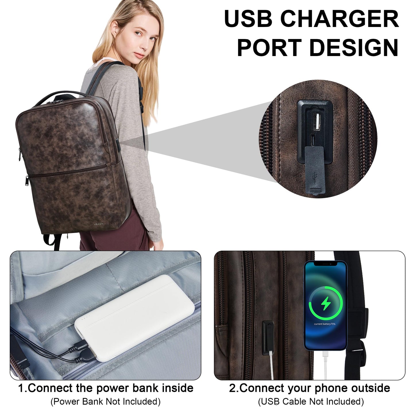 Shrrie Vegan Leather Laptop Backpack for Women&Men,16 Inch Expandable Backpack with USB Charging Port,Two-toned Coffee