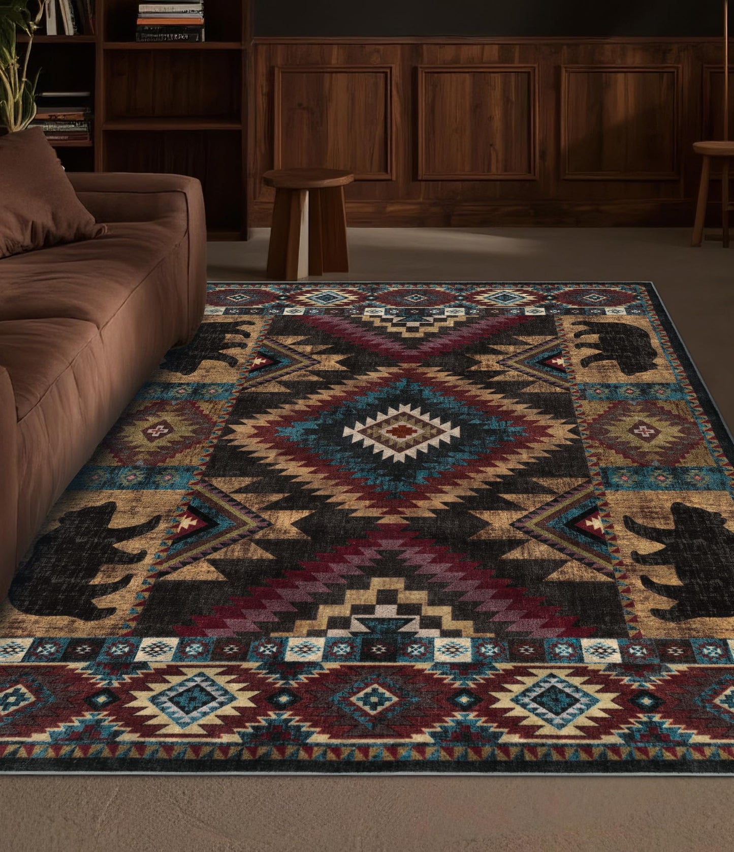 YIHOUSE Rustic Cabin Area Rug 4x6,Machine Washable Lodge Bear Rug,Non-Slip Low Pile Print Pattern Western Aztec Rug for Living Room Bedroom