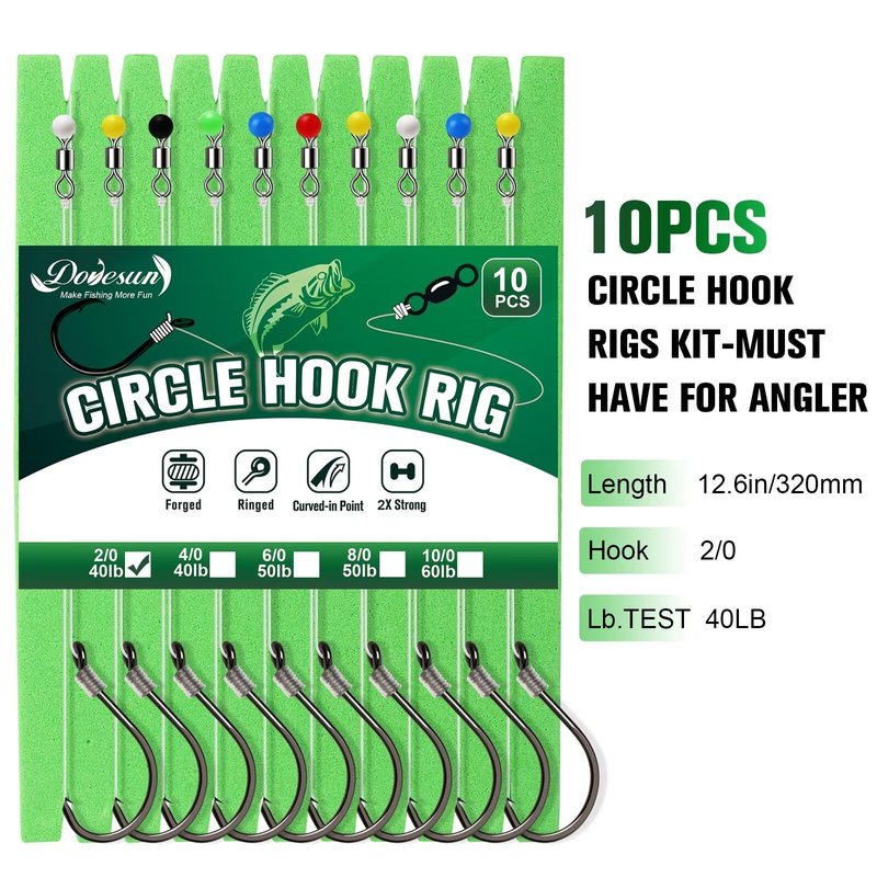 Dovesun 10PCS Circle Hooks Rigs Pre-Rigged Catfish Rig for Saltwater Freshwater Fishing Hooks for Catfish 2/0