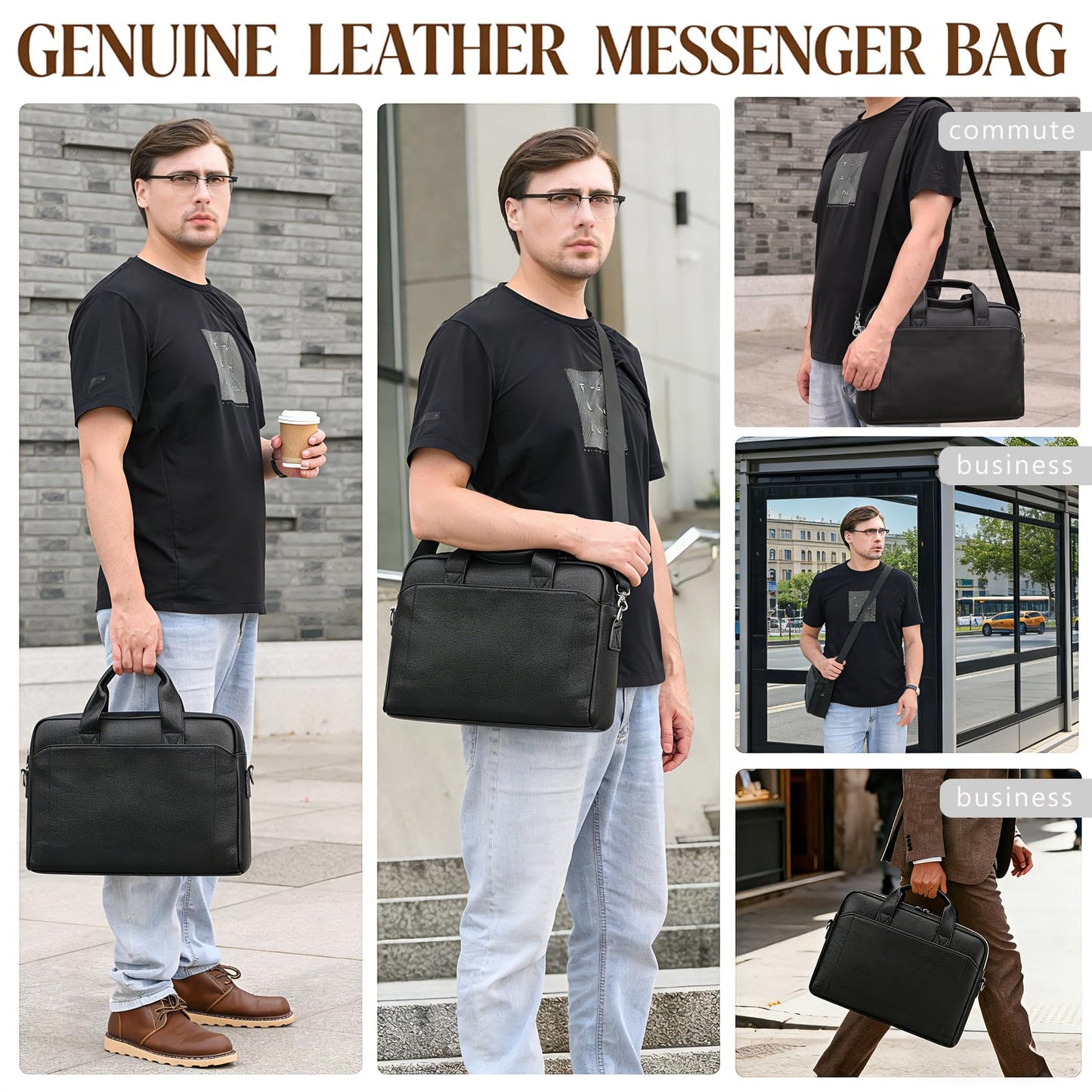 Leather Laptop Bag for Men, Laptop Briefcase Fits Up to 15.6 Inch Notebook, Portable Shoulder Messenger Crossbody Bag for Travel Business Office