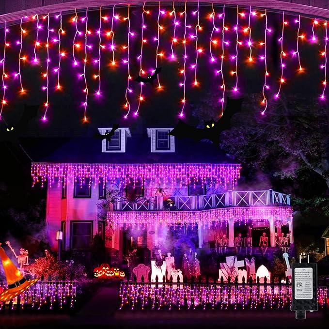 JXLEDAYY 65 FT 640 LED Halloween Lights Outdoor Decorations Clear Wire String Lights Plug in 120 Drops 8 Modes Memory Timer Curtain Fairy Lights Waterproof for Holiday Wedding Party-Orange and Purple