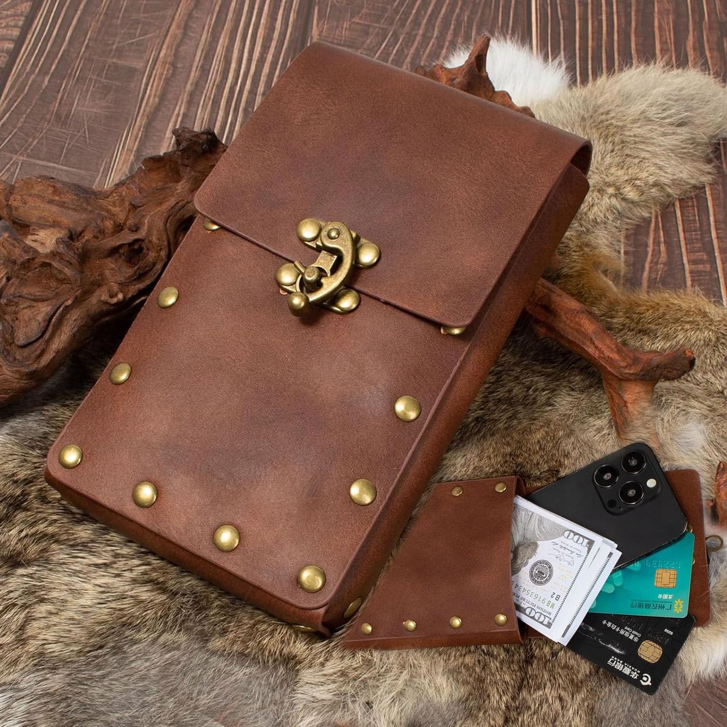 Belt Pouch Waist Bag Fanny Pack Steampunk Phone Holder Medieval Bag Leather Belt Renaissance Cosplay Costume Accessories (1-Brown)