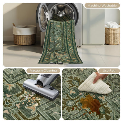 Joydeco Area Rugs 6'x9' Washable Non-Slip, Floral Vintage Distress Medallion Carpet for Living Room Bedroom Dining Room, Green&Beige&Dark Gray