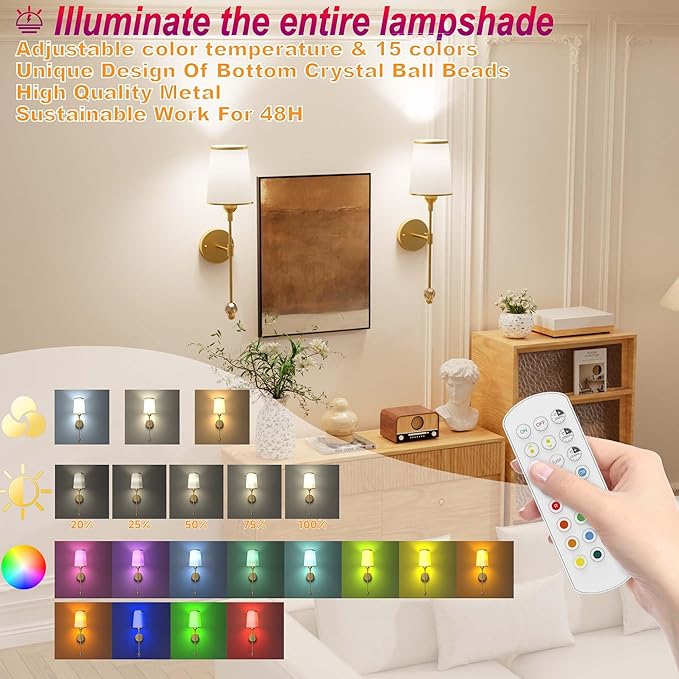 PAIHOME Gold Battery Operated Wall Sconce Set of Two, Rechargeable Wireless Sconces with 5000mAh, 15 Colors Remote Control Dimmable Wall Sconce for Bedroom Living Room Bathroom Hallway Wall Decor