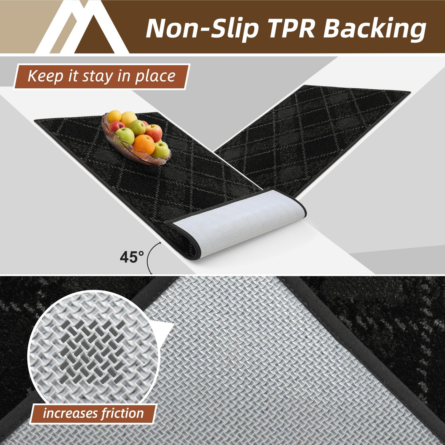 COSY HOMEER Kitchen Rugs and Mats Sets 2PCS Non-Slip Soft Kitchen Mats for Floor Absorbent and Stain Resistant Kitchen Floor Mat Washable Plaid Rugs for Kitchen,20"x32"+20"x48",Black