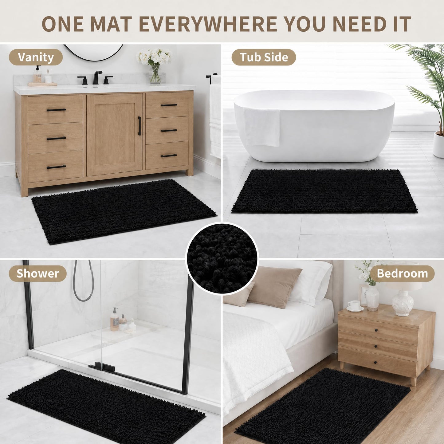 Ruggnovea Bathroom Rugs Non Slip Washable 32x20, Extra Thick Soft Chenille Absorbent Bath Mat, High Density Barrier Non Slip Backing, Quick Dry Plush Shaggy Floor Carpet for Tub&Shower, Black