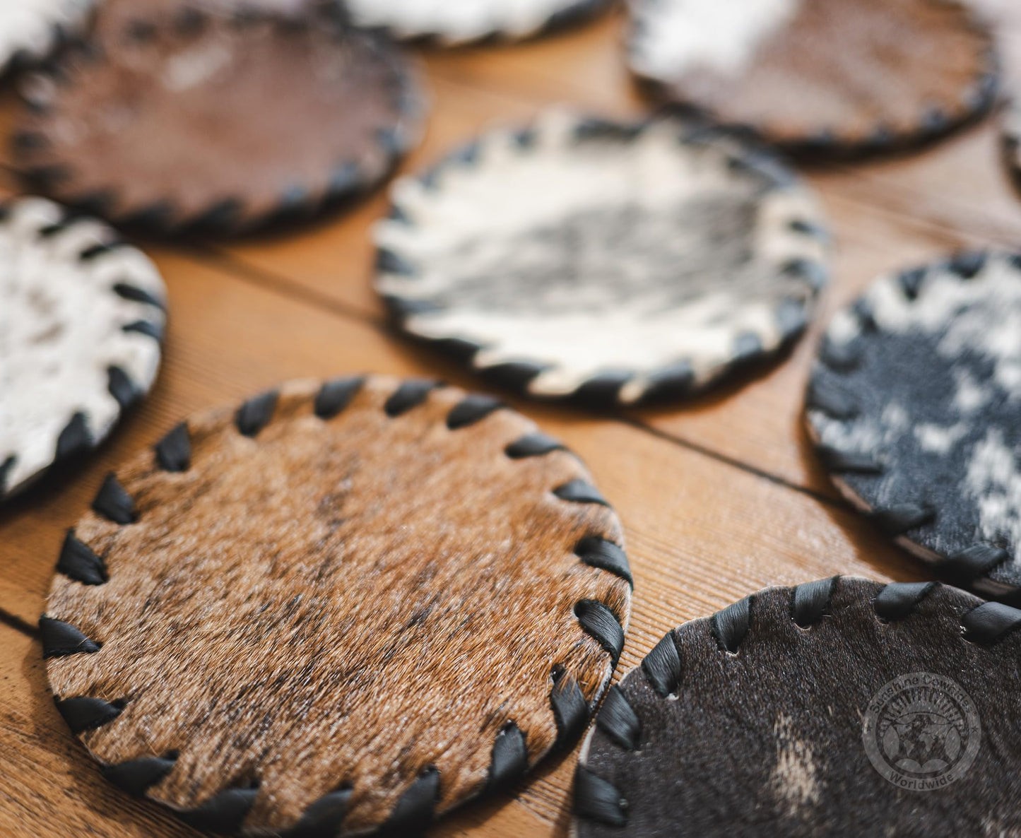 Sunshine Cowhides Natural Cowhide Coaster - 4.5" Round Assorted Tones Genuine Leather Coasters for Coffee Table, & Dining Tables, Ideal Cow Print Kitchen Accessories for Home & Office - Set of 8