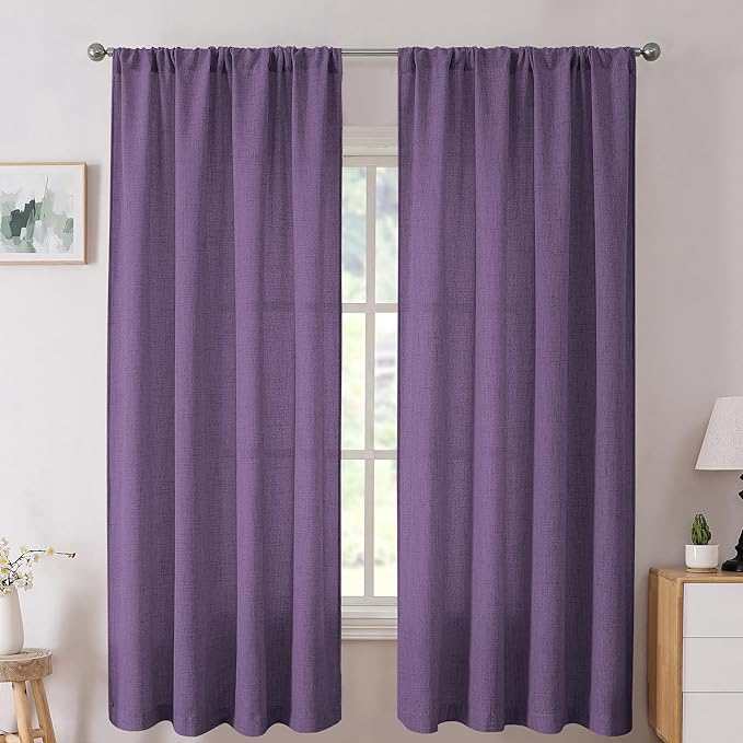Tollpiz Short Linen Curtains Bedroom Rod Pocket Semi Sheer Curtain Burlap Light Filtering Thick Linen Drapes for Living Room, 38 x 45 inches Long, Royal Purple, Set of 2 Panels
