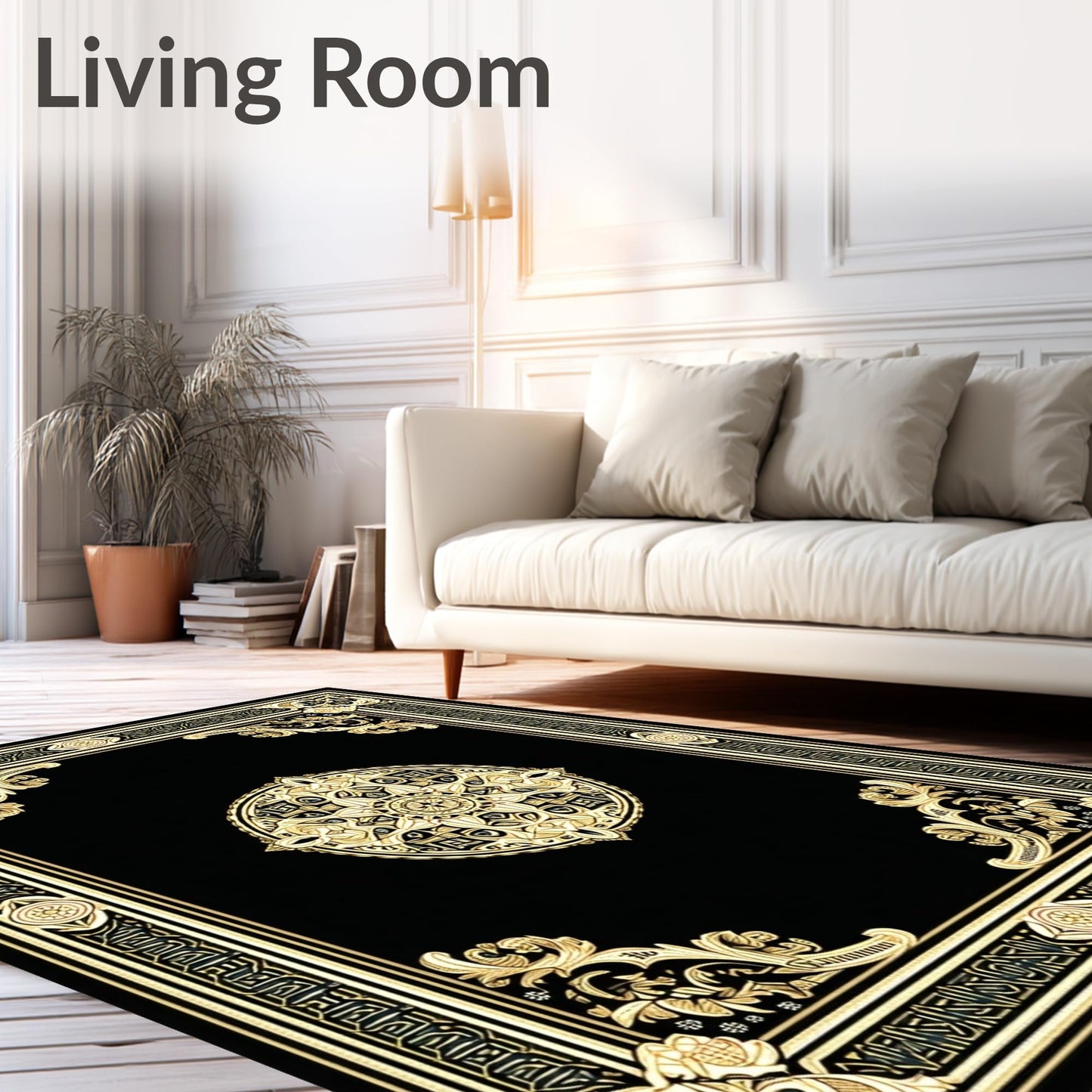 ODIKA Flatwoven High Traffic Area Rug 4x6, Machine Black Gold Medallion, Non Slip, Stain Resistant, Washable Area Rugs for Living Room, Bedroom (Black, 4x6)