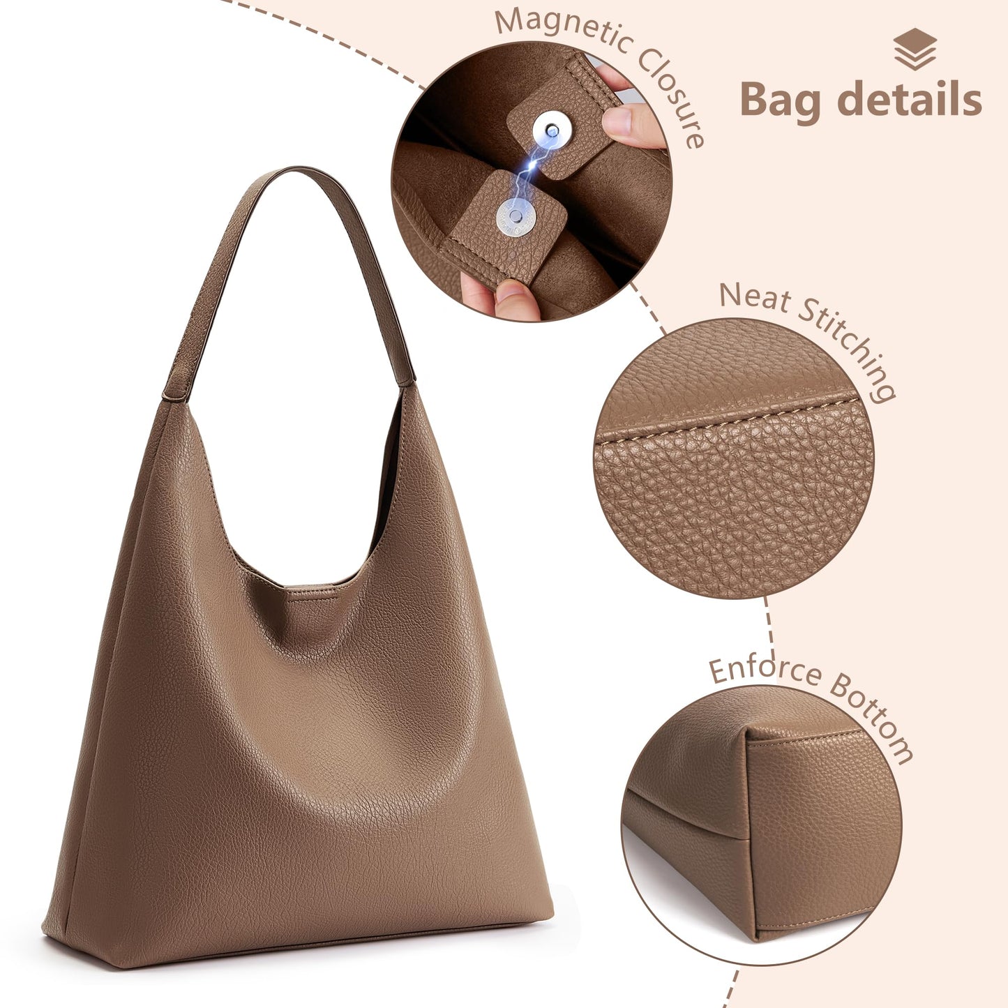 KALIDI Slouchy Hobo Bag Vegan Leather Suede Tote Bag Weekender Shoulder for Women Casual Travel Purse, Coffee