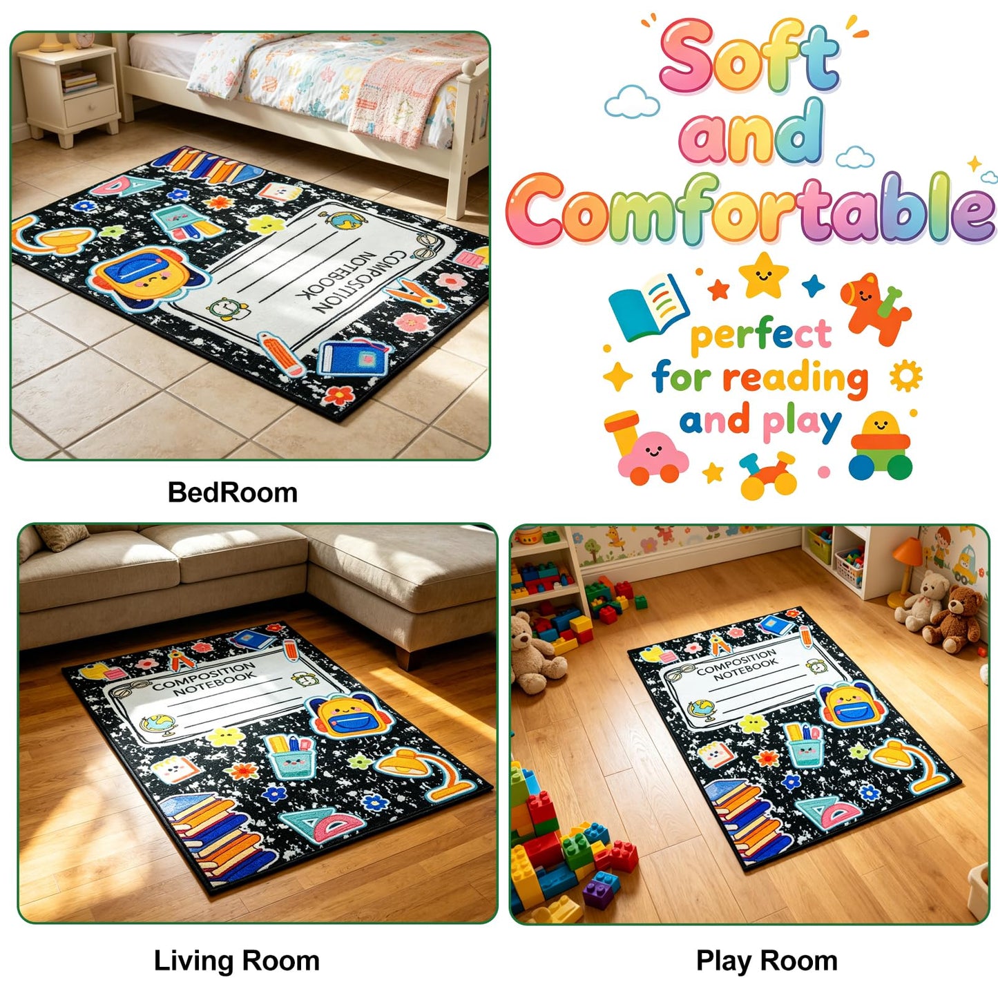 2 * 3feet Composition Notebook Classroom Rug Soft Educational Area Rug Kids Playroom Non-Slip Educational Learning Mat Play Carpet for Classroom Nursery Learning Corner Decor