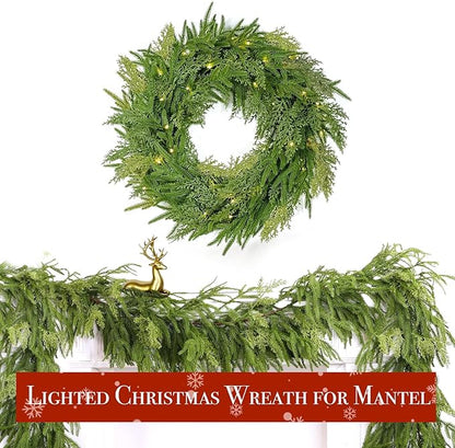 24" Prelit Christmas Wreath for Front Door, Real Touch Norfolk Pine Wreath Thick & Soft Christmas Wreaths with Light, Timer, Norfolk Pine Cypress Leaf Christmas Door Wreath for Home Wall Outdoor Decor