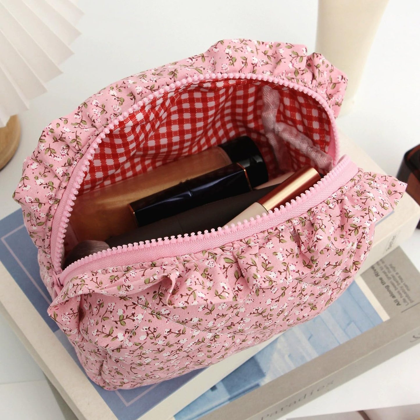 Annpro Cute Makeup Bag Travel Cosmetic Bag for Women,Small Floral Organizer Toiletry Bag Make Up Bags,Coquette Aesthetic Bowknot Toiletry Bag,Soft Cotton Cloth Travel Toiletry Bag (01 Rose Pink)