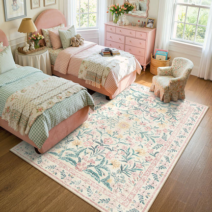 Lahome Sylvie Pink Bedroom Rug for Girls Room Decor, 5x7 Washable Cute Playroom Nursery Rug, Soft Floral Low Pile Carpet for Kids Living Dining Room Indoor, Pink/Multi
