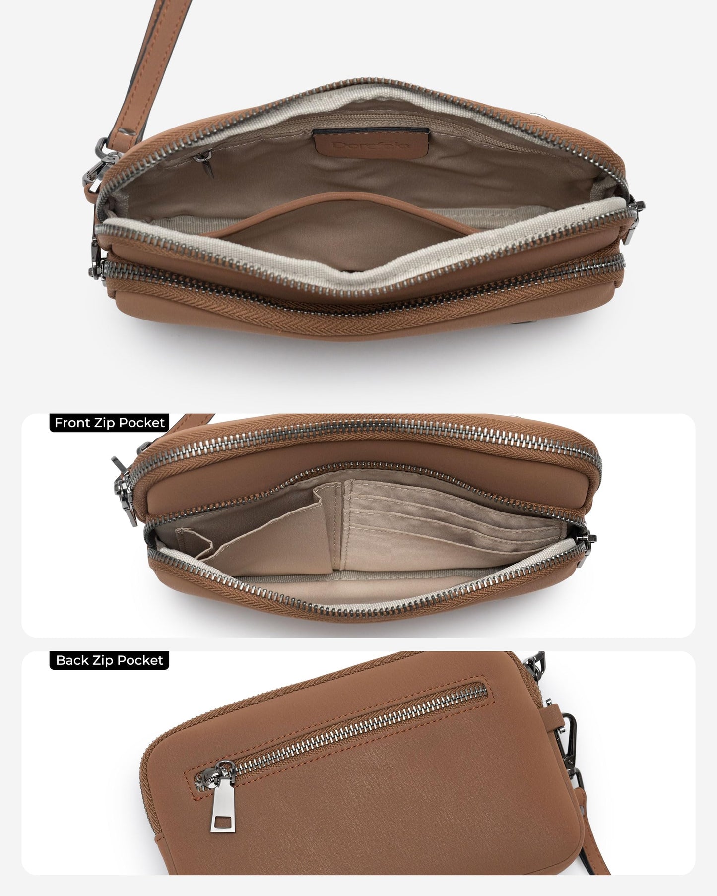 Dorefala Wristlet Purses for Women, Small Vegan Leather Wallet with 3 Zipper Pockets, Clutch Bag for Travel Gift (Brown)