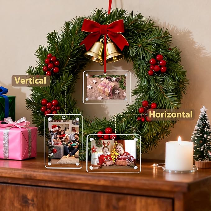 Christmas Photo Ornament Set of 4, 2x3'' Iridescent Acrylic Hanging Picture Frame for Family Photo, Christmas Tree, Holiday Decoration, Multifunctional Magnetic Picture Frames for Car and Fridge Decor