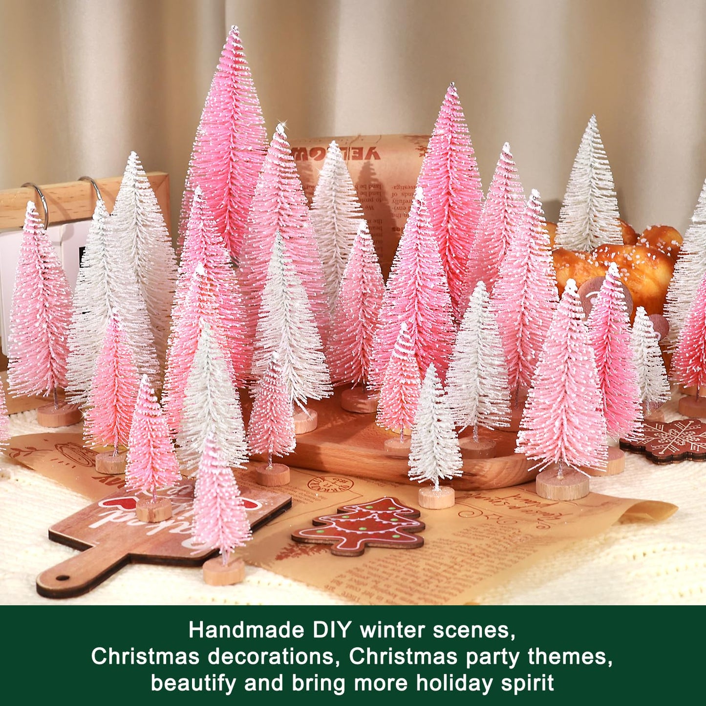 30Pcs Mini Christmas Trees Artificial Christmas Tree Bottle Brush Trees with Wooden Base for Christmas Decor Christmas Party Home Table Craft Decorations(Pink+White)
