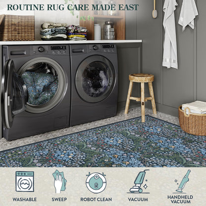 Lahome Floral Washable Area Rugs 5x7, Soft Blue Rugs for Living Room Bedroom, Boho Non Slip Low Pile Forest Stain Resistance Giverny Carpet for Farmhouse Dining Room Office, Blue