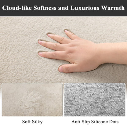 SHACOS Ultra Soft Faux Rabbit Fur Area Rug 3'x5', Non Slip Washable Padded Living Room Rugs, Fluffy Cozy Indoor Modern Carpet for Bedroom Dining Room Kids Room Dorm Home Decor, Beige