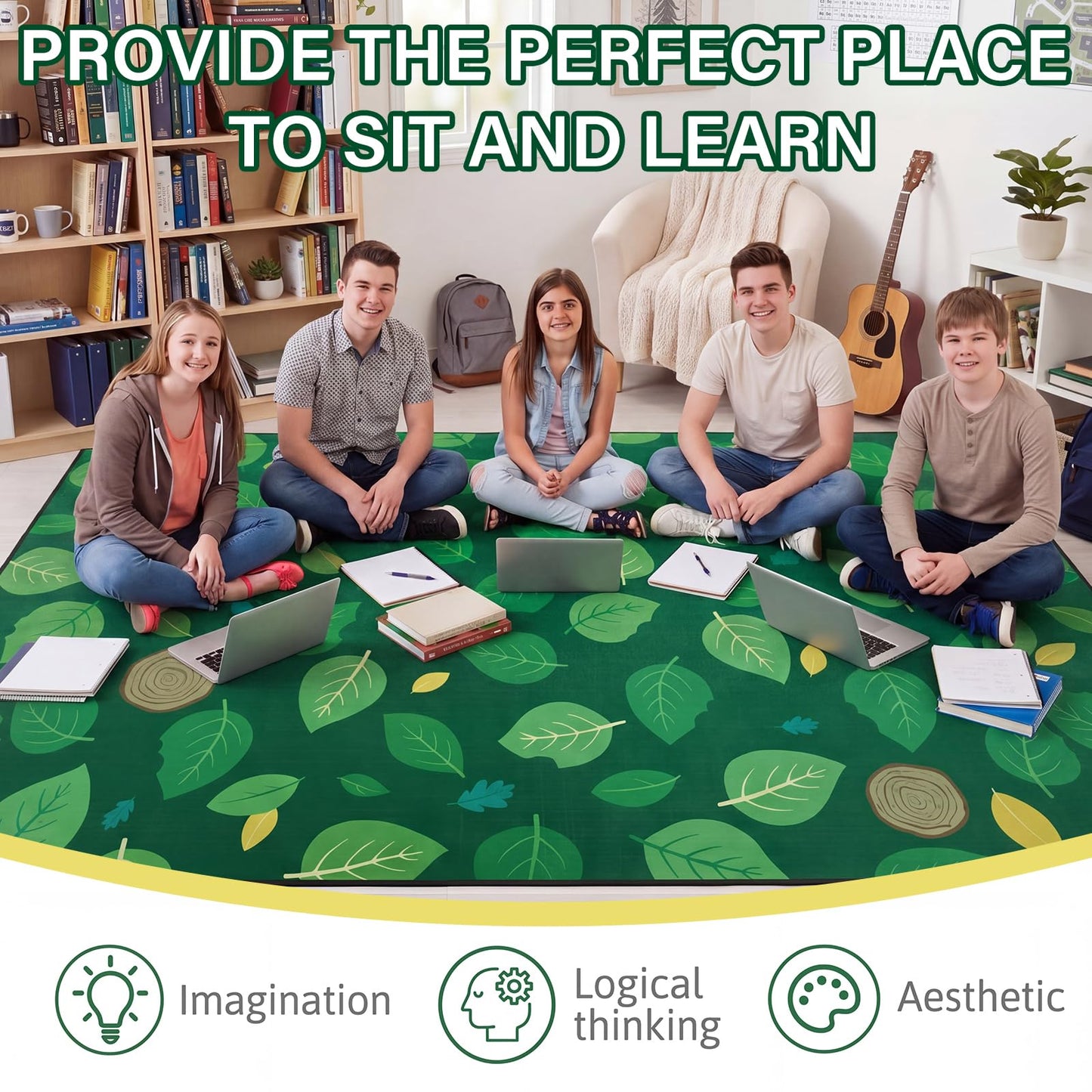 BreezeHug Green Leaf Rug 8 x 6 ft Large Classroom Carpet Green Leaves Carpet Boho Educational Area Rug for Room Nursery Seating Decor for Teaching and Playroom