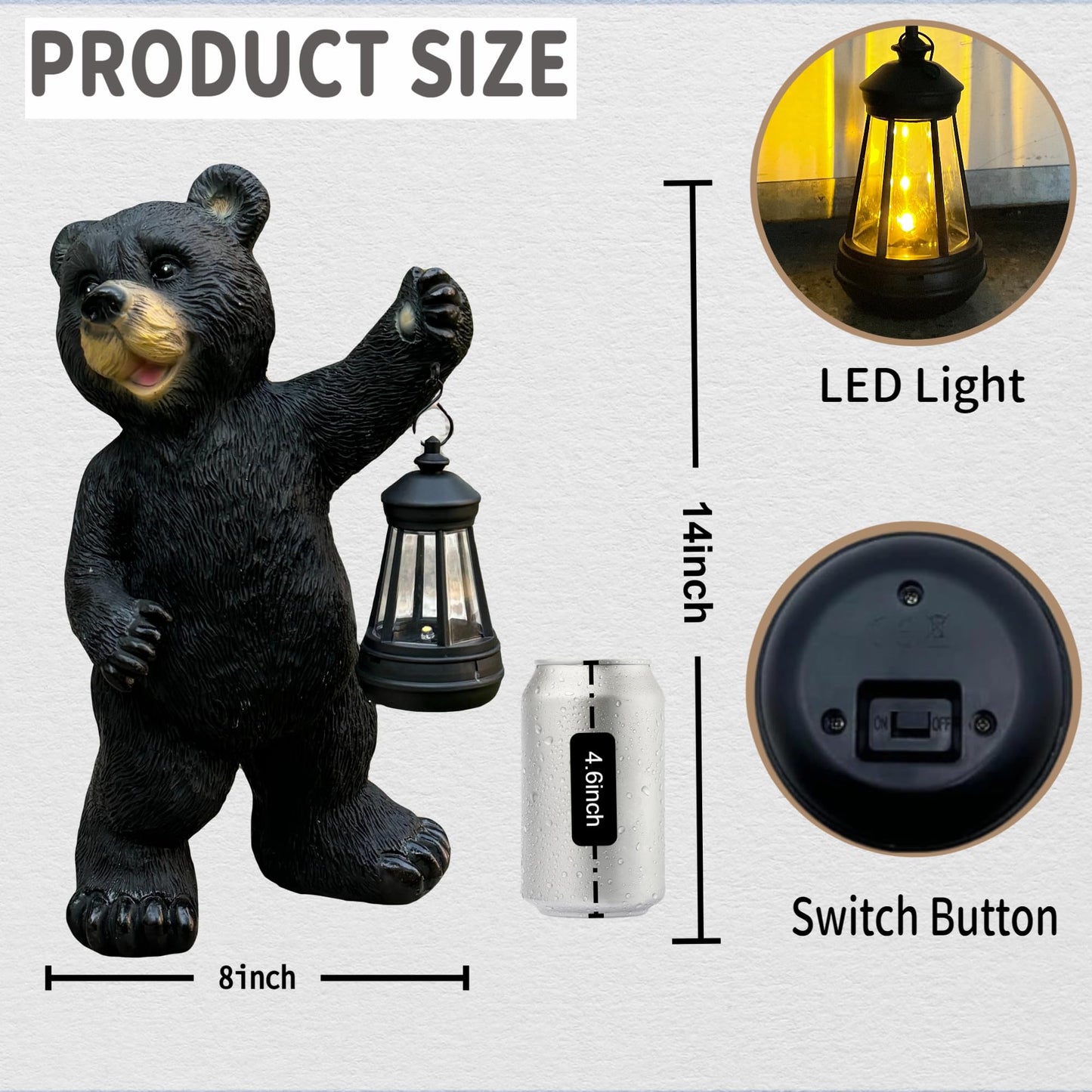 xin ming Solar Black Bear Garden Statue -14" ResinFigurine with Solar LED Lantern, Auto On/OffWaterproof Decor, Dual Use Indoor OutdoorLight for Patio Yard Porch