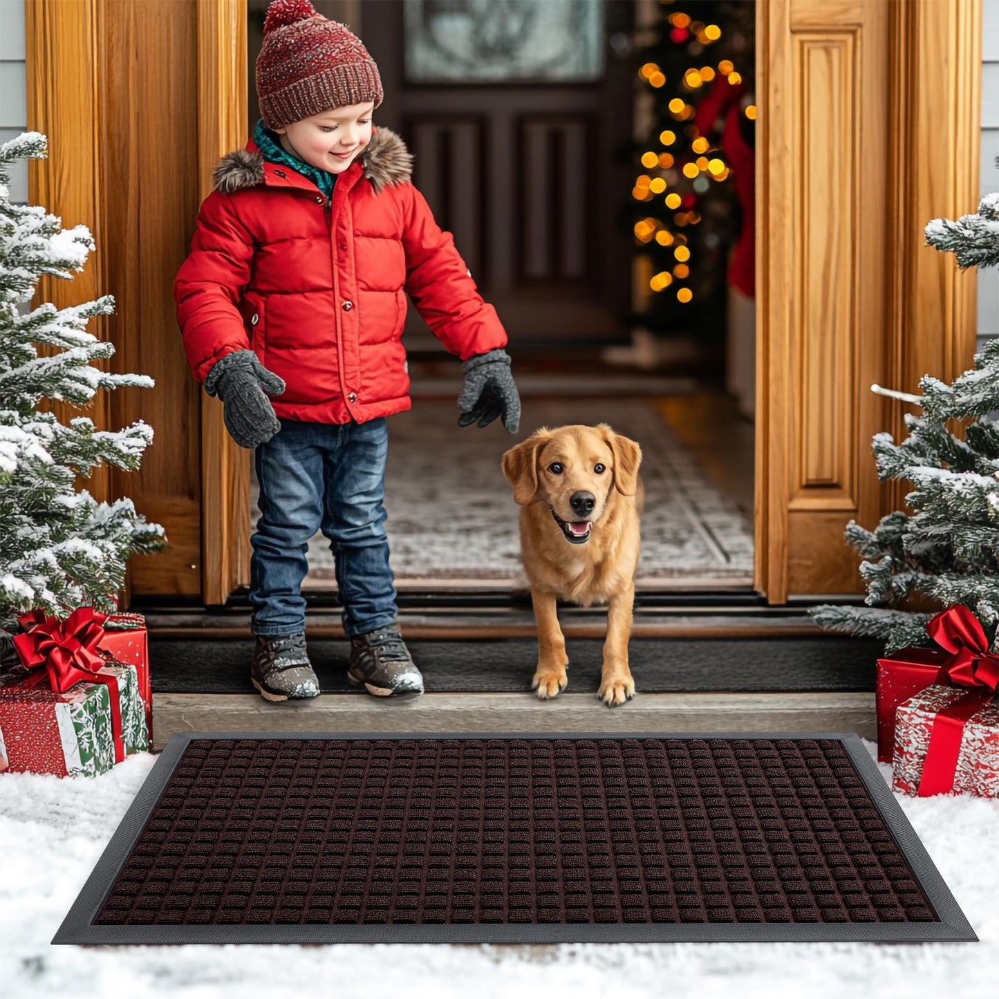 Smiry Front Door Mat Outside Entrance, Heavy Duty Natural Rubber Doormat, Non Slip, Trap Dirt and Moisture, Easy Clean, Low Profile Welcome Floor Mats for Indoor Outdoor Entry, 29.5x17 Inch, Brown