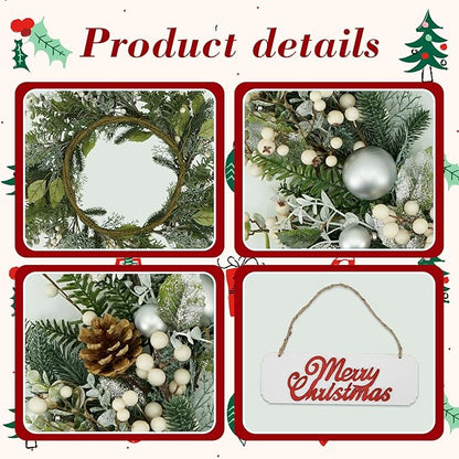 YNYLCHMX 20 Inch Winter Wreath for Front Door, Winter Wreaths with Welcome Sign Pine Needle Pine Cone Berry Artificial Door Wreaths for Window Wall Fireplace Farmhouse Holiday Party Decoration