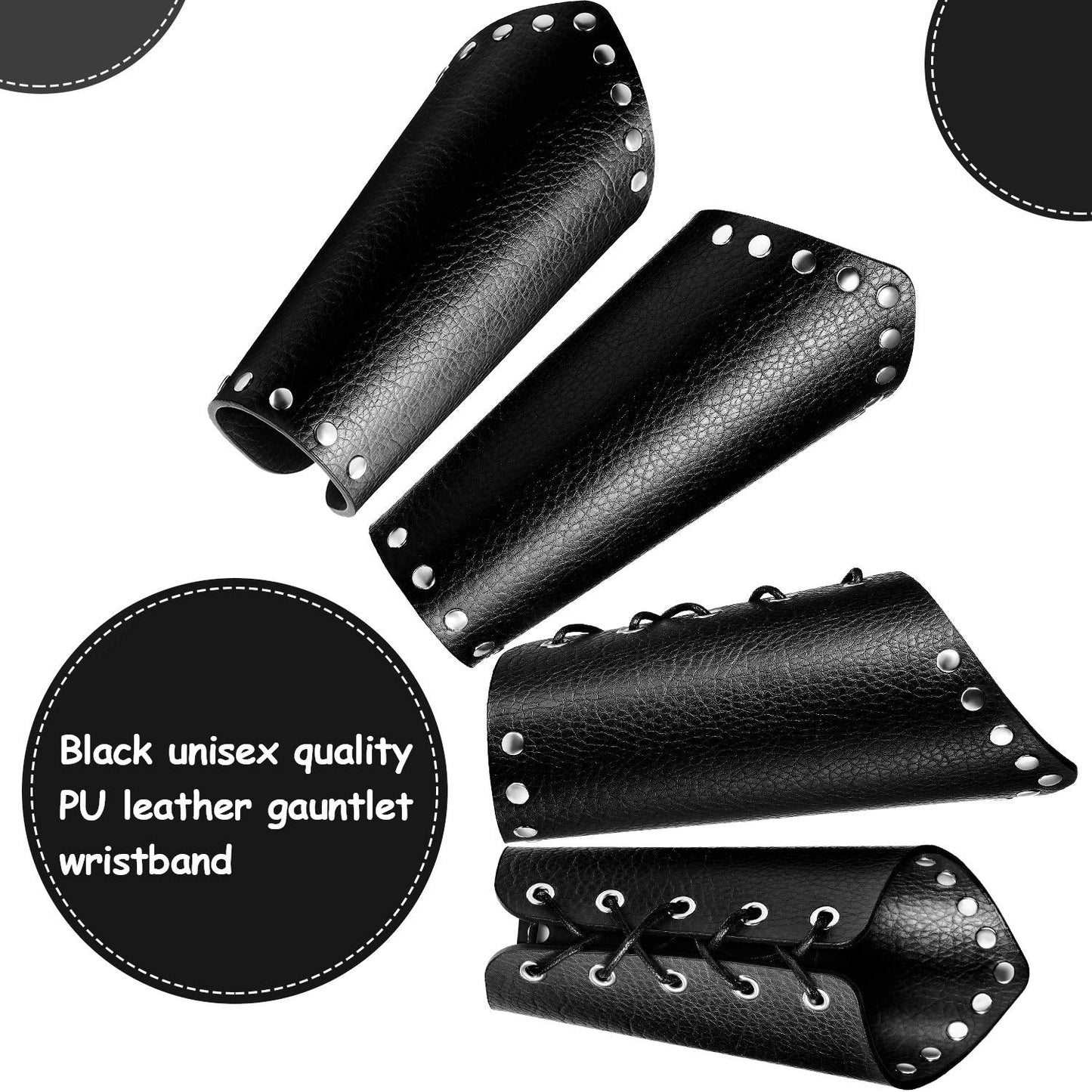 2 Pieces Unisex Faux Leather Gauntlet Wristband Arm Guards Viking Wrist Guard Medieval Knight Bracers for Steampunk Cosplay Party Accessories (Black)