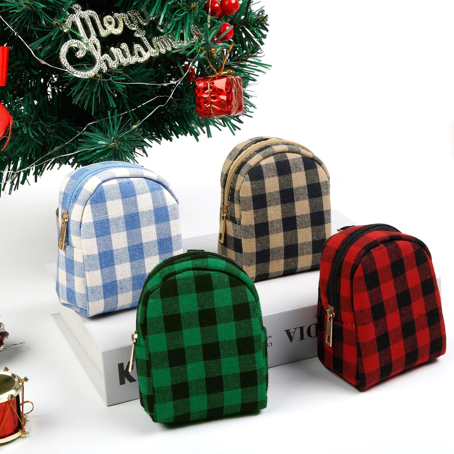 AIBFRID 4Pcs Mini Backpack Keychain,Cute Cosmetic Bag for Women,PU Leather Makeup Bag Key Pocket Lipstick Bag Card Holder Data Cable Organizer Zipper Pouch (Christmas Series)