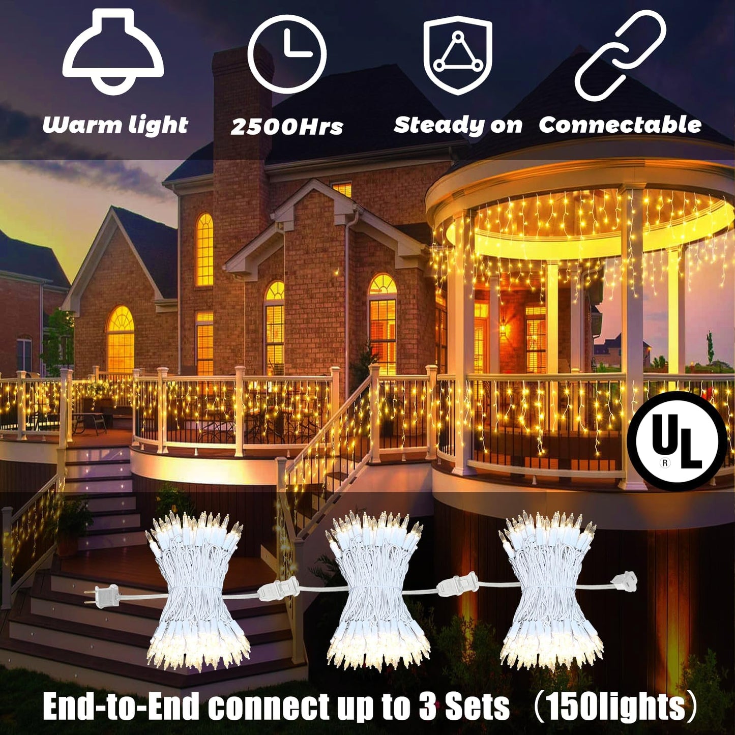 8.5 ft 150 Icicle Lights Christmas String Lights Warmwhite Christmas Decorations Plug in Waterproof Outdoor Indoor Decor for Xmas, Thanksgiving Day, Party, Patio, Courtyard, Window, Fence Decor