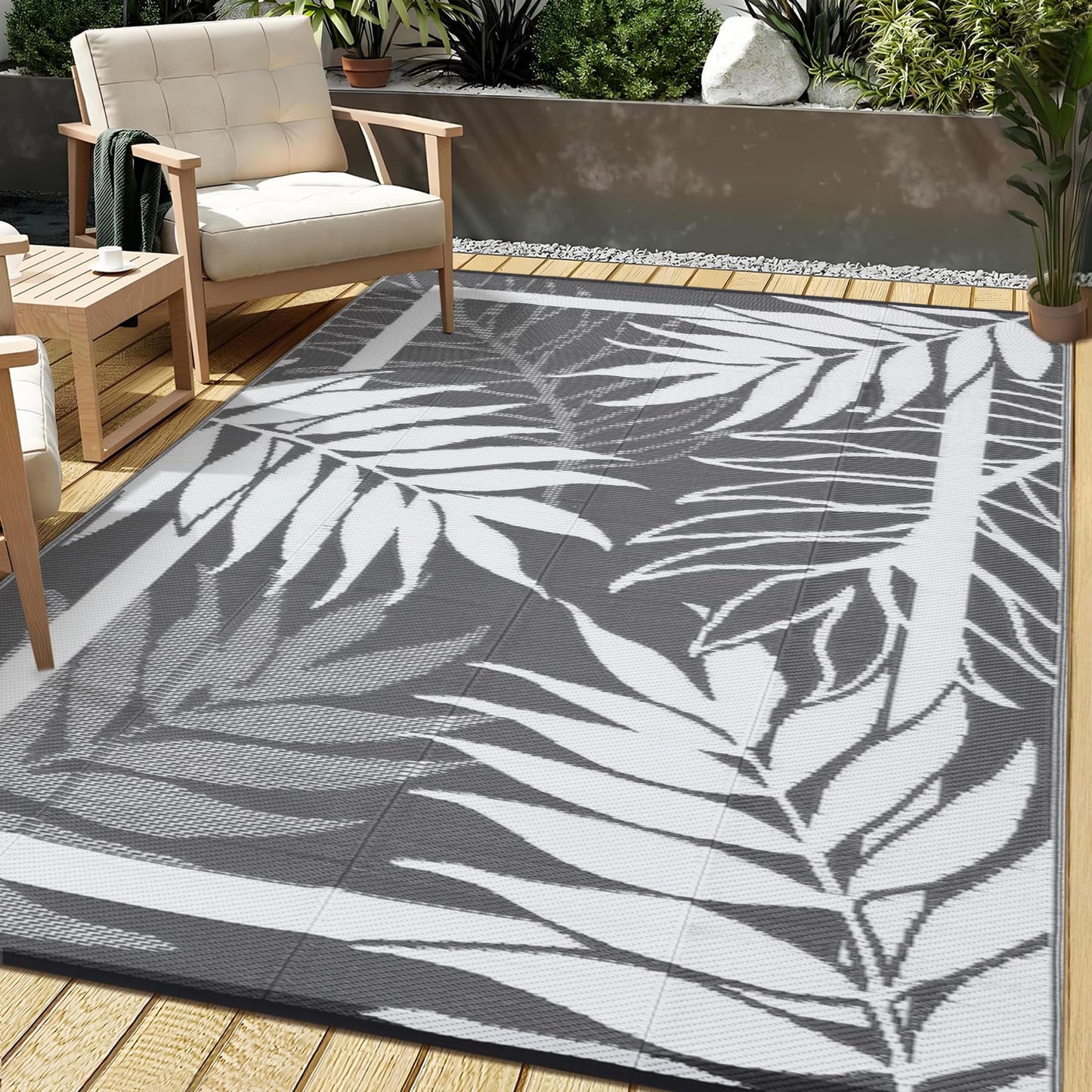 GAOMON 8'x10' Outdoor Rug Waterproof, Reversible Plastic Straw Rug for Balcony, Small Patio, Porch, RV & Camping – UV Resistant, Easy Clean, Pet Friendly Outdoor Mat for Compact Spaces, Grey&White