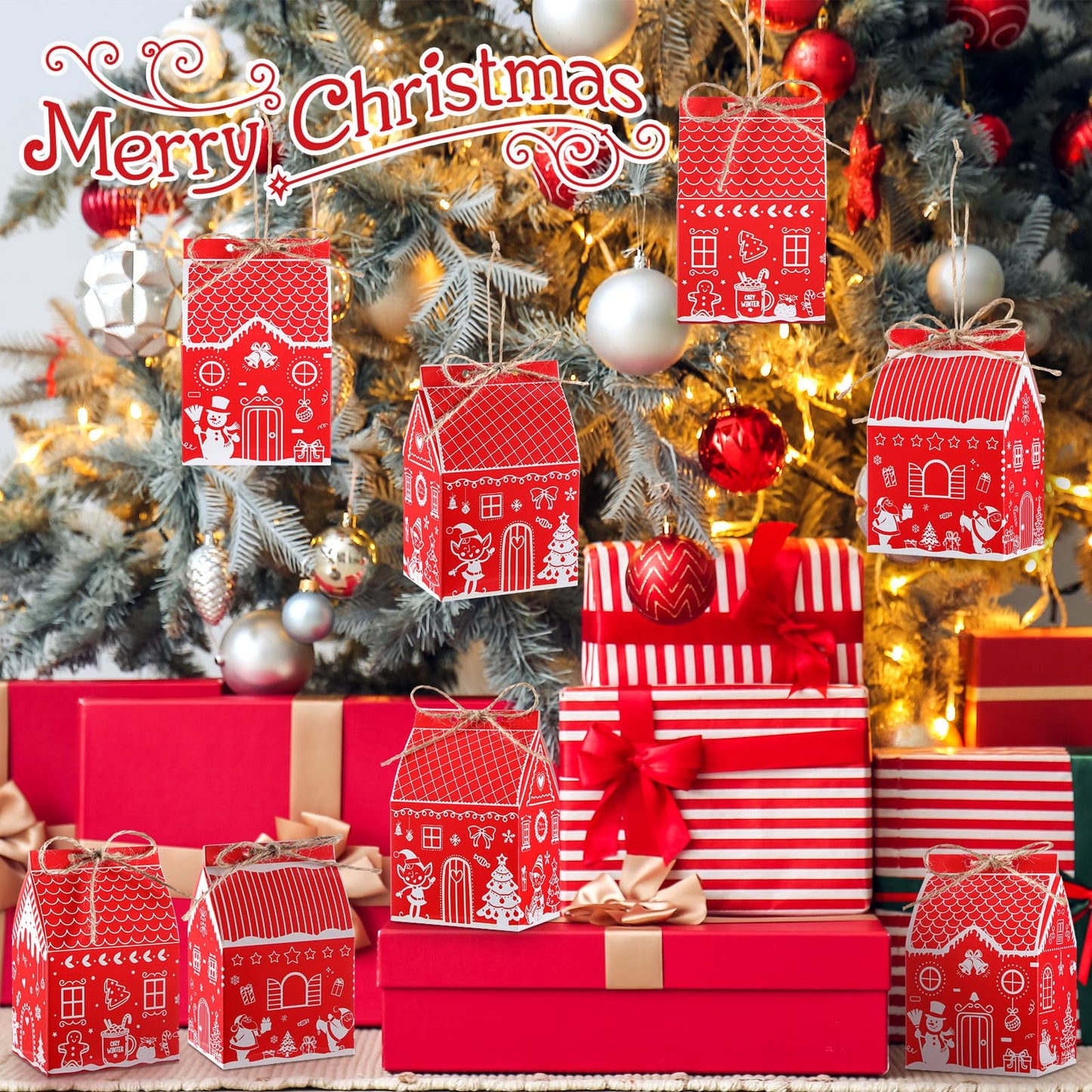 Zhanmai 48 Pcs Christmas Treat Boxes Candy Red Village Vintage Mini Gingerbread House Favor Box Christmas Party Paperboard Gift Boxes for Xmas Holiday Party Treat Cookie Goodie Snack Gift Packaging