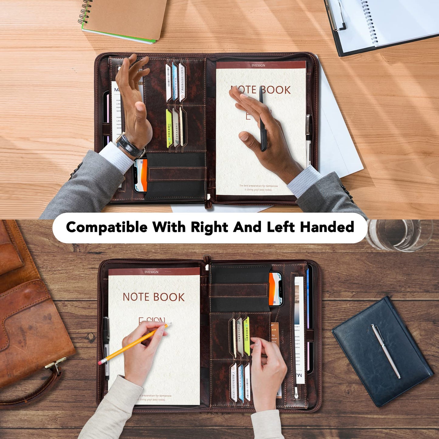 IVESIGN Zippered Padfolio for Women & Men Resume Portfolio Folder Vegan Leather Business Organizer Planner,with Writing Pad Interior 10.1 Inch Tablet Sleeve Dark Brown