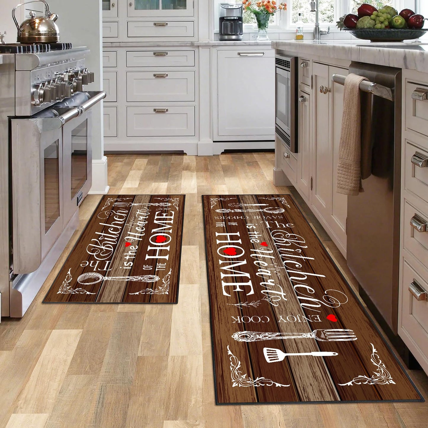AmaAccess Farmhouse Kitchen Rug 2 Piece Set, Brown and White Rustic Kitchen Decor Rugs, Non-Slip, Absorbent, Washable Floor Mats, Home Indoor Runner Carpet (Brown, 17x30+17x47 Inches)