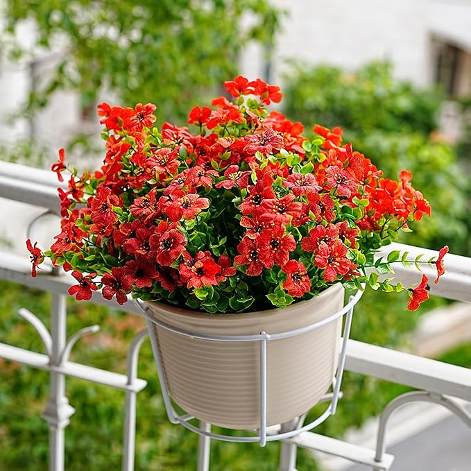 Outdoor Artificial Flowers, 8 Bundles Fake Flowers Autumn Decoration, No Fade Faux Plastic Shrubs for Garden Patio Porch Window Box Fall Decor (Red)