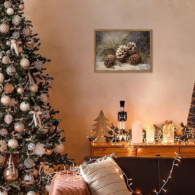 Framed Vintage Christmas Canvas Wall Art, Pine Cones Wall Decor Paintings, Winter Holiday Aesthetic Pictures Prints Rustic Home Decor for Living Room Bedroom Farmhouse 16×24 inch
